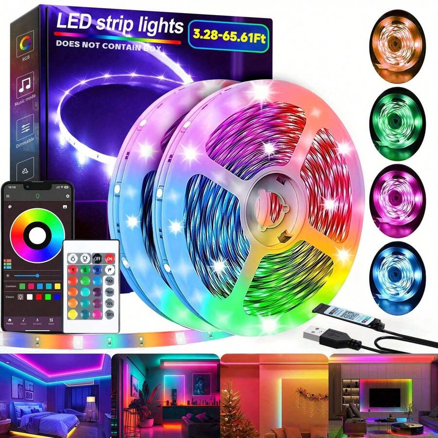 شريط إضاءة LED ذكي RGB مع تطبيق هاتف وجهاز تحكم عن بعد ب- 24 مفتاح، إضاءة متزامنة مع الموسيقى، مناسب للمنزل وغرفة النوم وخلق الأجواء والحفلات وديكور العطلات