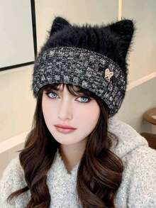 قبعة نسائية صلبة اللون من الفرو الناعم بطراز بوهيمي كاجوال ريترو ملكي، قبعة دافئة محبوكة بأذن قطة وفيونكة مناسبة للاستخدام الخارجي في فصلي الخريف والشتاء