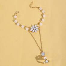 Fashion Flower Ring Integrated Bracelet Black Gemstone Lotus Interlocking Jewelry - White - View 12