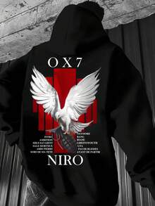 Sudadera con capucha para hombres con estampado gráfico "OX7 NIRO AMBITION" - Sudadera casual negra, cómoda y elegante para otoño e invierno, ropa para todas las estaciones |   Sudadera con Capucha Gráfica Audaz |   Sudadera de Ajuste Cómodo - Negro - Ver 7
