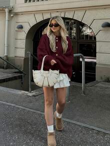 Senya Fall And Winter New Women's Round Neck Lantern Sleeve Front Button Black Knitted Cardigan, Loose Casual, Lazy, Daily Commuting, Afternoon Tea, Back To School, Graduation, Sweater Tops, Valentine's Day Women's Winter Sweaters, New Year