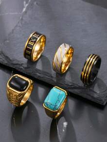 5-Piece Men's Stainless Steel Ring Set 18K Gold-Plated Rotating Anxiety Relief Ring Retro Pattern Fashionable Imitation Turquoise Bohemian Men's Jewelry Suitable For Everyday Wear Gift
