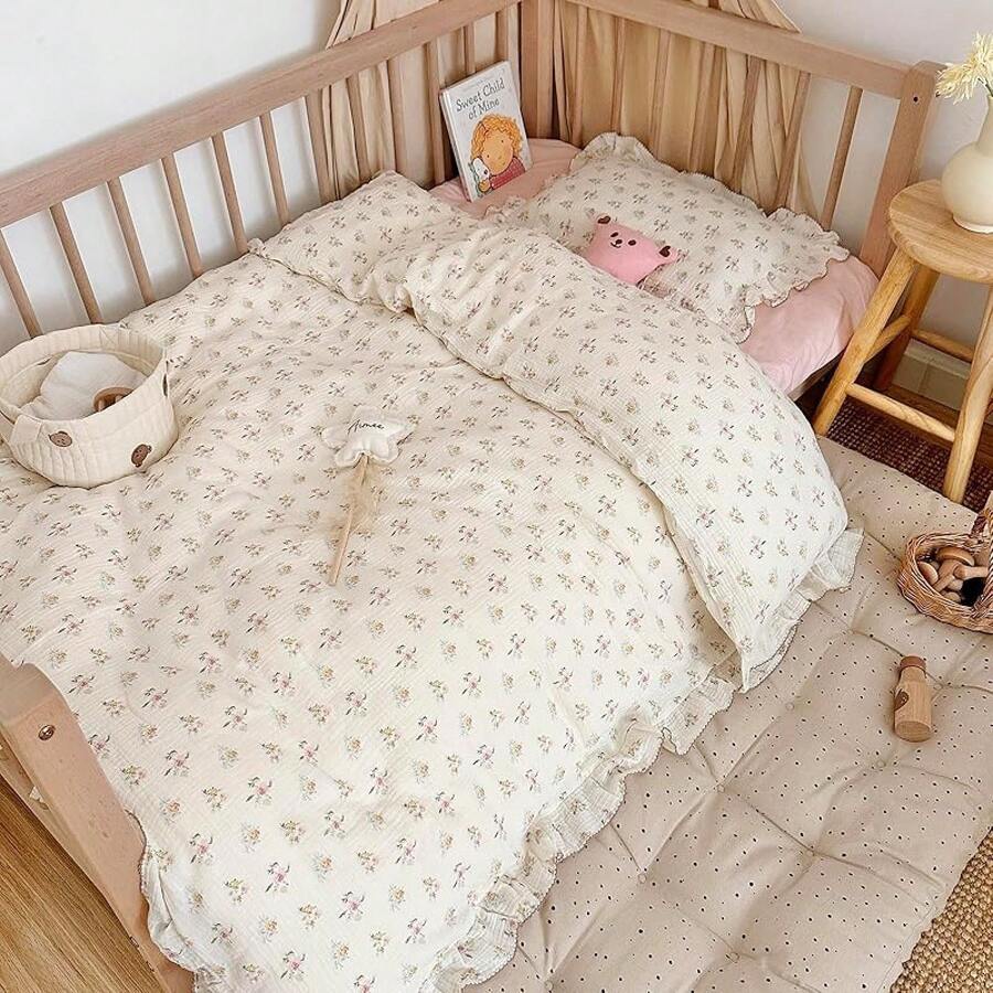 Muslin Duvet Cover With Ruffled Edges, 1 Piece Cotton Comforter Cover 47X59'', Pattern 2-Layer Gauze Bedding, No Quilt Or Pillowcases, Bedroom Essential - 映山紅 - 查看 1