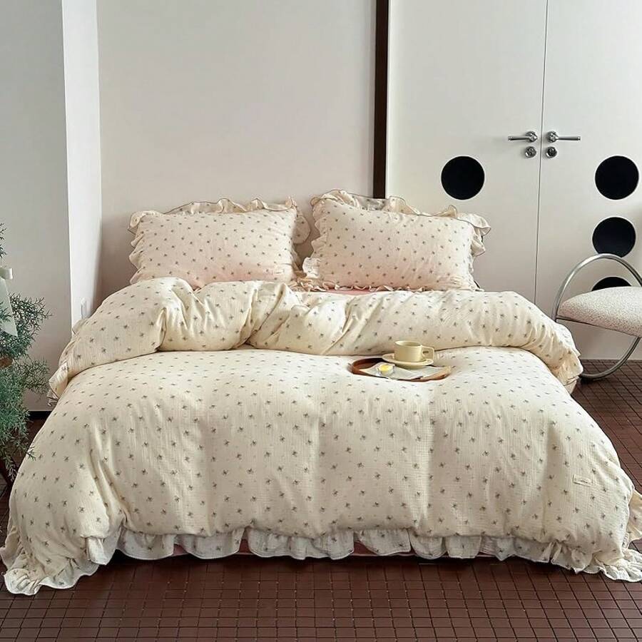 Muslin Duvet Cover With Ruffled Edges, 1 Piece Cotton Comforter Cover 47X59'', Pattern 2-Layer Gauze Bedding, No Quilt Or Pillowcases, Bedroom Essential - Berry - View 1