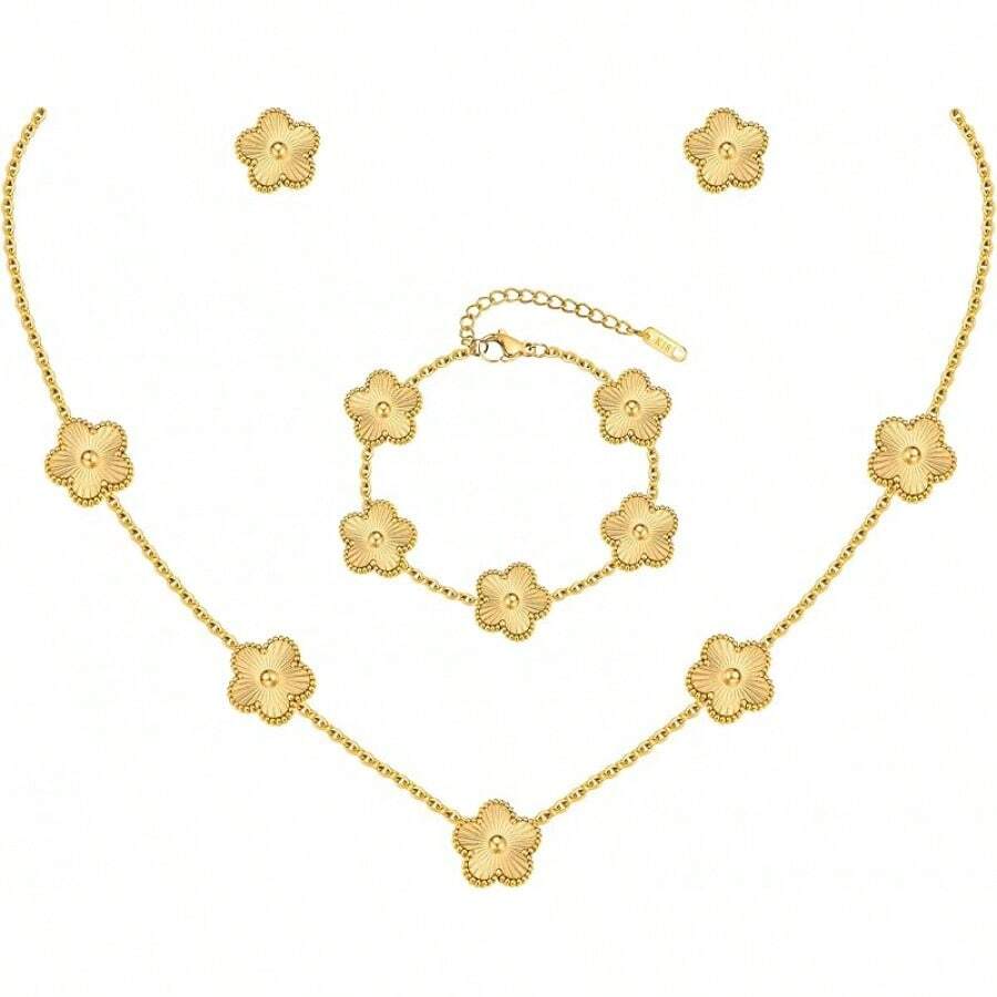 Gold Bracelets Earring Set - 18K Gold Plated Flower Bracelet Chain,Stainless Steel Non Tarnish Floral Pendant Stud Jewelry Sets,Birthday Lucky Mom Wife Daughter Girlfriend - 金子 - 查看 1