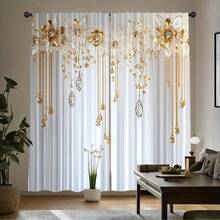 2 件涤纶滤光窗帘 - 高清白金花朵图案印花，适用于卧室、客厅、办公室和家居装饰，杆袋设计