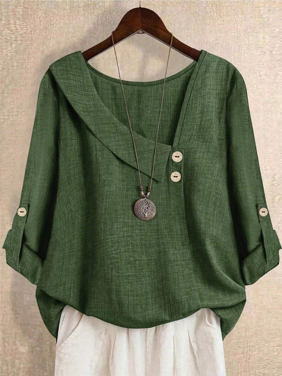 Camicia a maniche lunghe con colletto asimmetrico e polsini arrotolati, di colore unito, adatta a tutte le stagioni, per donne taglia comoda - Verde militare - Visualizzare 1