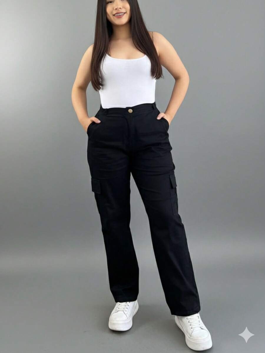 Pantalones cargo jogger elegante para mujer con tejido de poliéster de elasticidad media, perfectos para uso casual y de fiesta tipo cargo comodo - Negro - Ver 1