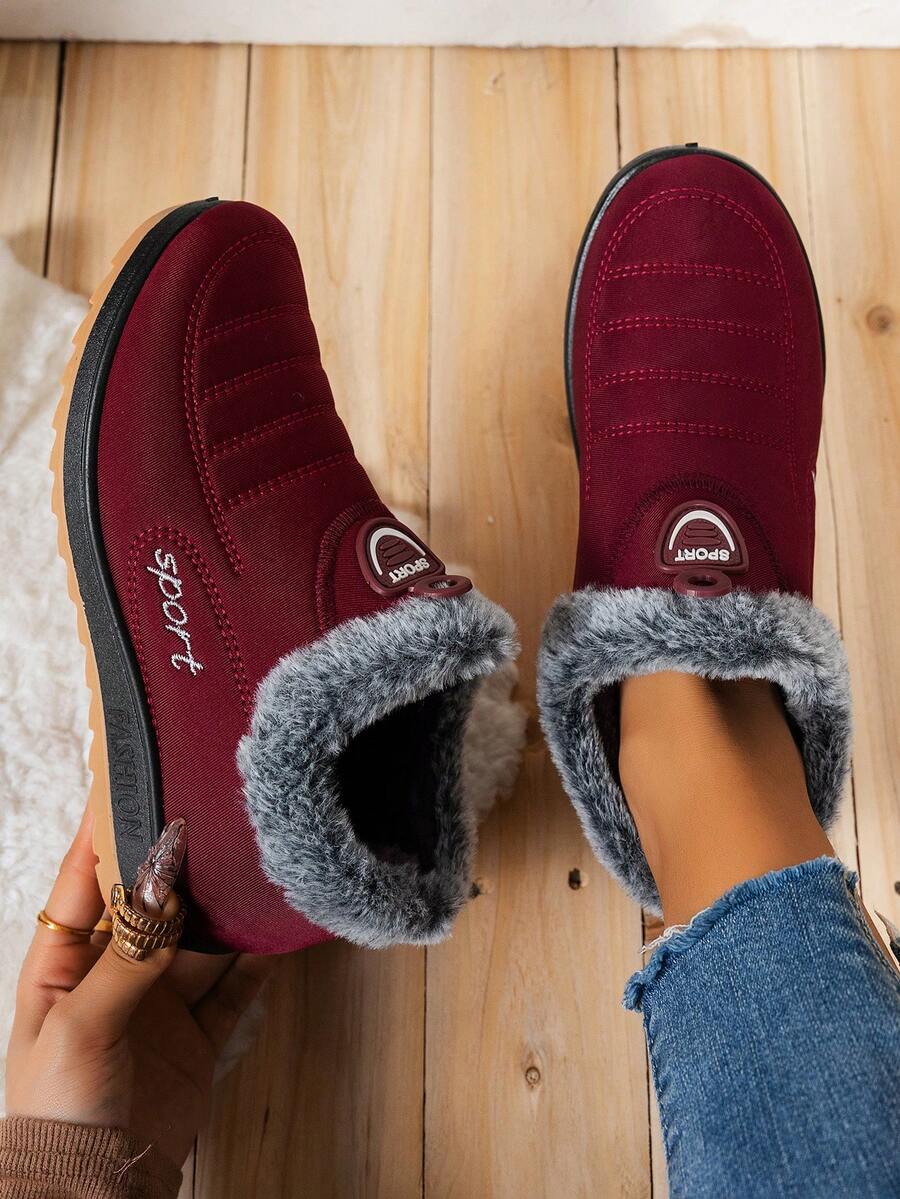 奢华套脚雪地靴，女士酒红色人造毛皮内衬靴，舒适鞋领，饰有“运动”刺绣，厚底女士冬季靴，圣诞礼物，女士踝靴
