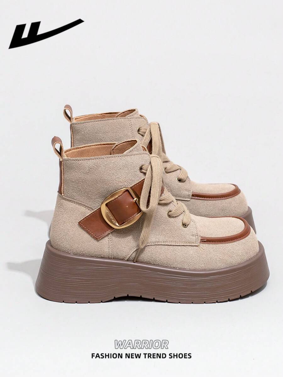 WARRIOR Women's 1 Pair Thick Sole Boots, 2025 Autumn New Arrival, Design, Thick Sole, Fashion Short Boots, Outdoor Wear, Retro British Style Khaki Short Boots