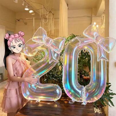 2pcs Oversized Colorful Transparent Numeric Shape Foil Balloons With 24-Inch Colorful Bow Decor, Suitable For Birthday Party, Outdoor Events, Anniversary, Festivals, Banquet Celebration Atmosphere And Backdrop Decoration, Valentine's Day, New Year Decor, Event Planner