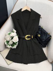 OOTD KA Elegant Casual V-Neck Pocket Knit Cardigan, Women's Autumn/Winter Fashion Chic Lapel Sleeveless Loose Cardigan, Women's Fall, Business Casual Wear, Women's Work Jacket, Autumn/Winter , Women's Fall, Basic - Black - View 2