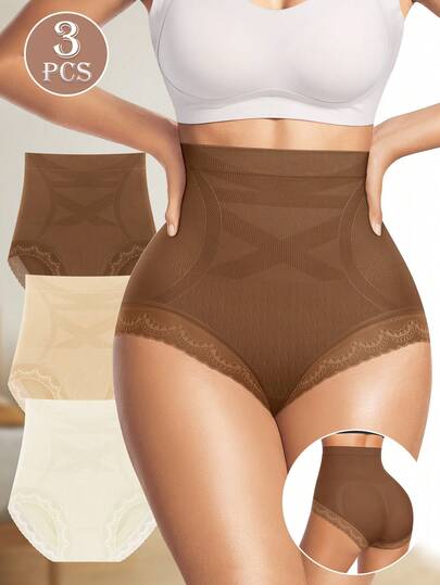 MIOTAN 3 piezas Bragas de mujer de cintura alta, con parches de encaje, control de abdomen y levantamiento de glúteos, ropa interior diaria