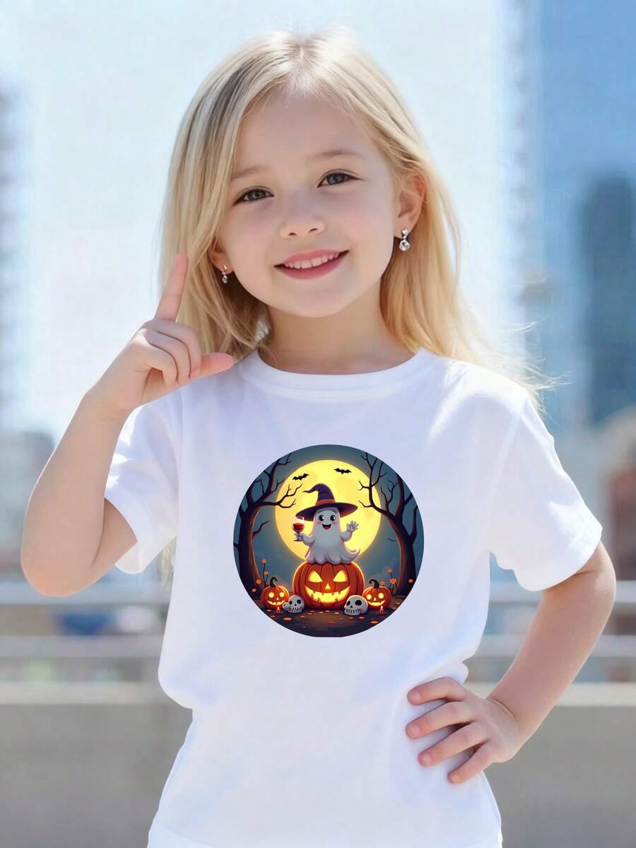 Playeras de niño Halloween Bruja Luna Calabaza Árbol camisas para niño tops para adolescentes Camiseta de Halloween para niñas Camisetas de niña Camisetas para niños y niñas La tela es suave, transpirable y cómoda, hecha de puro algodón. - Blanco - Ver 1