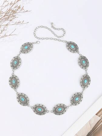 1 pieza Cadena de cintura versátil para mujer con patrón vintage de metal y turquesa, cinturón de vestir de moda, joyería corporal, adecuado para primavera, verano, otoño/invierno, boda, fiesta