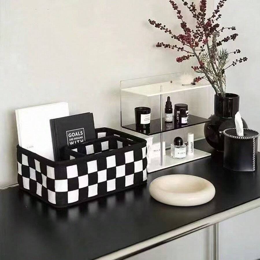 1/3 piezas Juego de cestas de almacenamiento a cuadros en blanco y negro con diseño tejido - Organizador versátil para cosméticos, cuidado de la piel, lápiz labial y aperitivos para escritorio, hogar, cocina, accesorios de baño