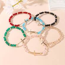 1 Simple Retro Stainless Steel Cross Crystal Beaded Elastic Bracelet Suitable For Men And Women - Blue - View 6