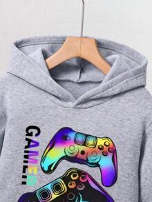 Tween Boy Cartoon Print Warm Hoodie And Sweatpants Set - Grey - View 4