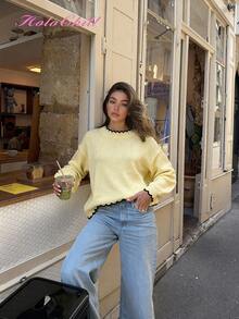 HoloChill Women Round Neck Dropped Shoulder Long Sleeve Loose Casual Sweater PulloverFall Outfit Summer Casual