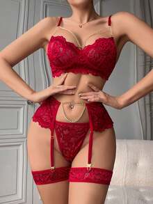 4pcs Floral Lace & Chain Sexy Lingerie Set For Women, Includes Bra, Panty, Garter Belt, Stockings - Valentine's Day Gift - Burgundy - View 12