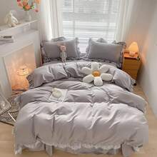Chic Ruffle Lace Polyester Duvet Cover Set - Girl White Bedding - 2 Piece Twin Comforter Duvet Cover With Zipper Closure - Ultra Soft And Lightweight (White, Twin) - NO Comforter Included - 淺灰色 - 查看 9