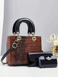 Elegant Women Crocodile Embossed Small Handbag - Black - View 5