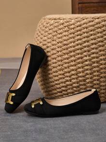 WHDXY 1 双女士方头一脚蹬平底鞋，新款夏季金属扣平底鞋，休闲乐福鞋，时尚优雅，适合派对和日常穿着 - 黑色 - 查看 3