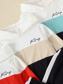 Conjunto de 6 peças de moletom com capuz de manga comprida e calças coloridas com estampa de letras em inglês para meninos, outono/inverno - Multicolorido - Ver 5