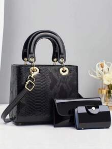 Elegant Women Crocodile Embossed Small Handbag - Black - View 4