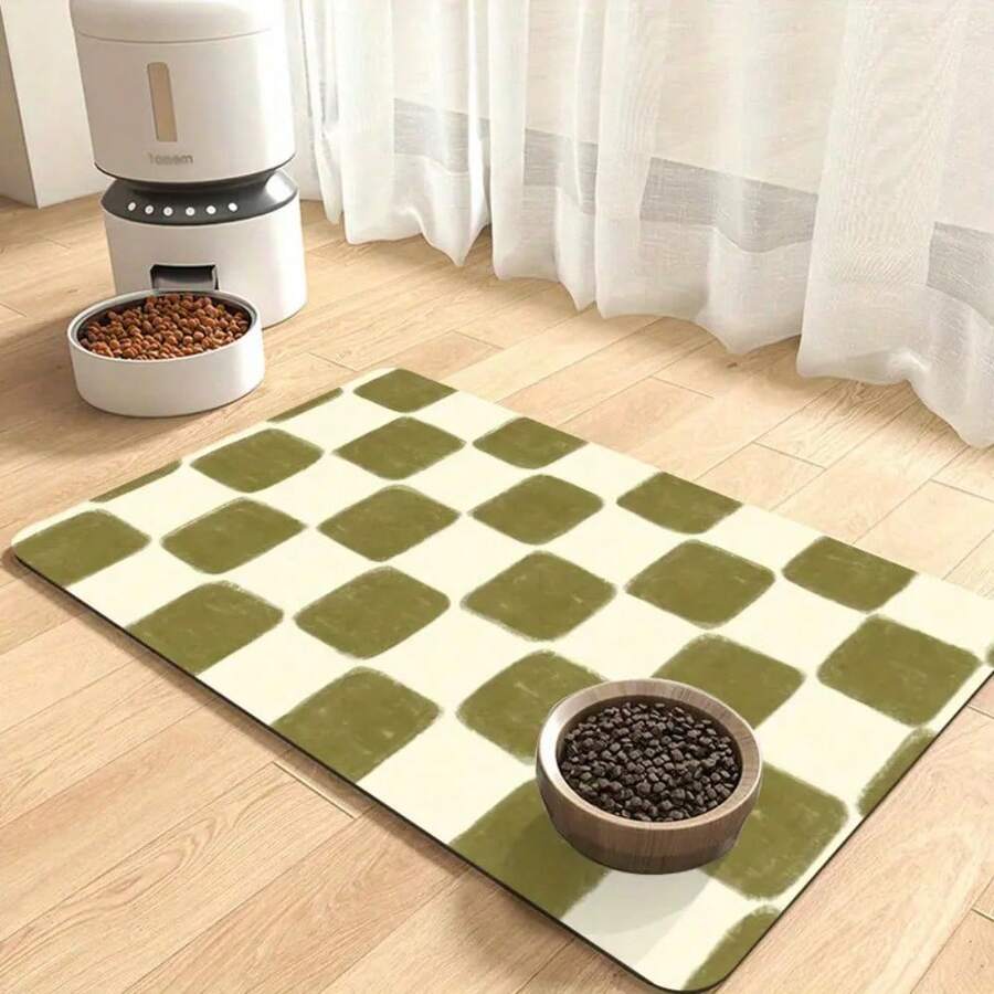 復古橄欖綠棋盤格寵物餵食墊 防滑吸水墊,適用於食物與水碗、餵食器,耐用聚酯纖維與矽藻土材質,狗貓食物水碗墊,適合狗狗、貓咪、幼犬,居家辦公室裝飾配件 - 彩色 - 查看 1