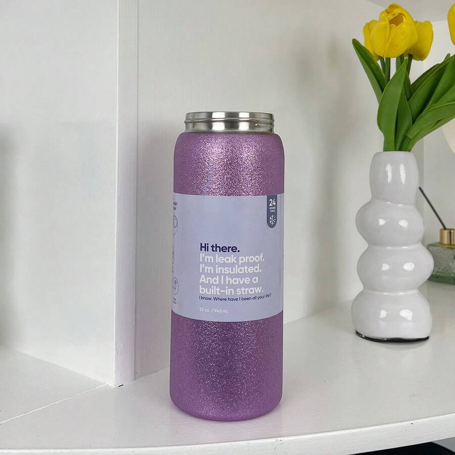 Water Bottle 32oz,Multiple Colors Are Available,With Straw,Heat Preservation Time More Than 24 Hours, Cold And Hot Water Can Be Insulated, Can Make Coffee, Frozen Drinks, Beautiful Appearance, Exquisite Workmanship, Suitable For Camping, Work, Indoor Use. - Shimmering Purp-32oz - 查看 1