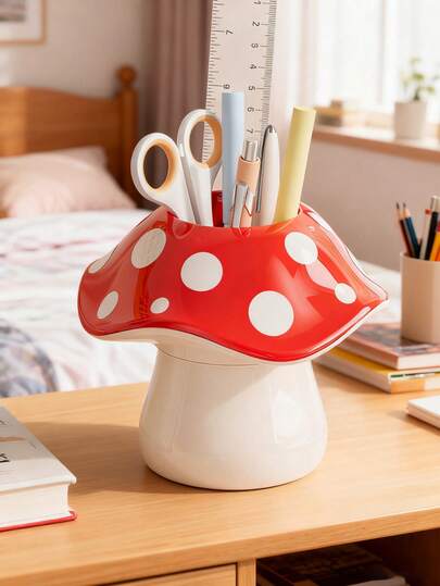 1pc Cute Circular Mushroom Storage Box, Student Dormitory Desk Stationery, Miscellaneous Items, Pen Holder, Bathroom Makeup Brush Storage Box,For Office & Study Supplies School Supplies,Back To School ﻿