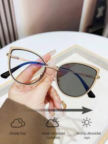 1pc Metal Cat Eye Frame Makeup-Free Gadget, Outdoor Light-Sensitive Photochromic Glasses, Indoor Computer Non-Prescription Glasses Myopia Fashionable Versatile Women Eyewear - Multicolor - View 3