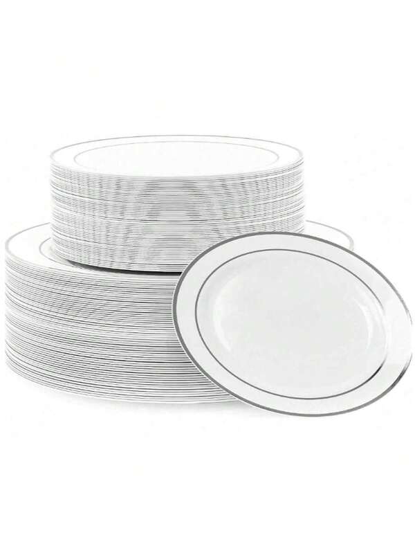 50/25/20/2 طبق أبيض دائري بحافة فضية، طقم أطباق سلطة، 7.5 بوصة/10.25 بوصة، يشمل أطباق الطعام، أطباق الحلوى، مناسب لعيد الميلاد، الزفاف، المعمودية، الحفلات، عيد الميلاد