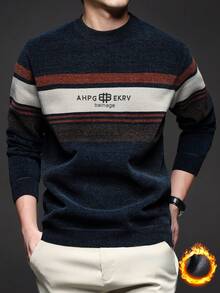 Men's Thick Striped Chenille Sweater, Business Commute & Casual Versatile Middle-Aged Knitted Pullover, Winter, Long Sleeve Top