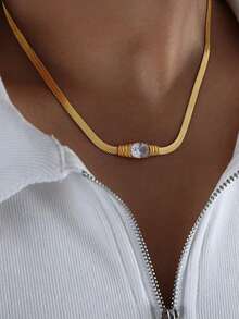 RAYQUEEN 1pc Fashionable Gold-Plated Stainless Steel Green Cubic Zirconia Necklace, Versatile, Suitable As Gift - necklace - View 3
