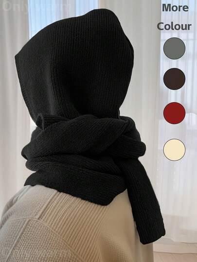 1 件女士时尚纯色黑色/米色/灰色/红色条纹连帽保暖披肩围巾围脖，适合秋冬季日常外出