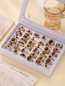 1/3/6/9/12/15/18 Peças Conjunto de Anéis Combinados de Olho de Gato com Pedra Preciosa Oval Revestido a Ouro 18K em Aço Inoxidável, Estilo Elegante de Férias, Design de Estampa de Leopardo, Versátil, Adequado para Presentes Femininos, Decoração de Festa, Uso Diário