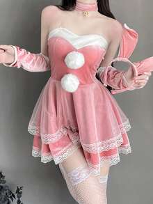 1 套圣诞战士性感妖妇连帽斗篷连衣裙，粉色兔女郎服装，适合化妆舞会、酒吧派对、俱乐部