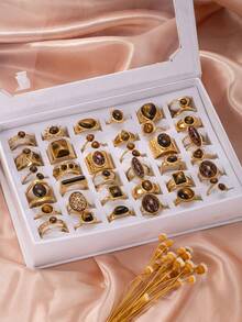 1/3/6/9/12/15/18 Peças Conjunto de Anéis Combinados de Olho de Gato com Pedra Preciosa Oval Revestido a Ouro 18K em Aço Inoxidável, Estilo Elegante de Férias, Design de Estampa de Leopardo, Versátil, Adequado para Presentes Femininos, Decoração de Festa, Uso Diário