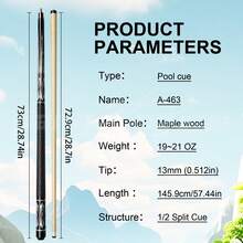 Maple Wood Pool Cue Stick, 13mm Rainbow Leather Tip, 19-21oz Billiard Cue With Dental Lock Joint & Winding Grip - 145.9cm/57.5in 9-Ball/8-Ball,For Home Or Bar