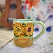 1 Set Ceramic Hand-Painted Van Gogh Oil Painting Coffee Cup & Saucer (180ml/6oz), Large Capacity Mug (380ml/13oz), 3D Sculpture Apricot Blossom, Iris, Starry Sky, Sunflower Tea Cup With Handle, 1pc Round Saucer, 1pc Spoon, Valentine's Day, Mother's Day, Christmas Gift, Unique Home Tabletop Decor