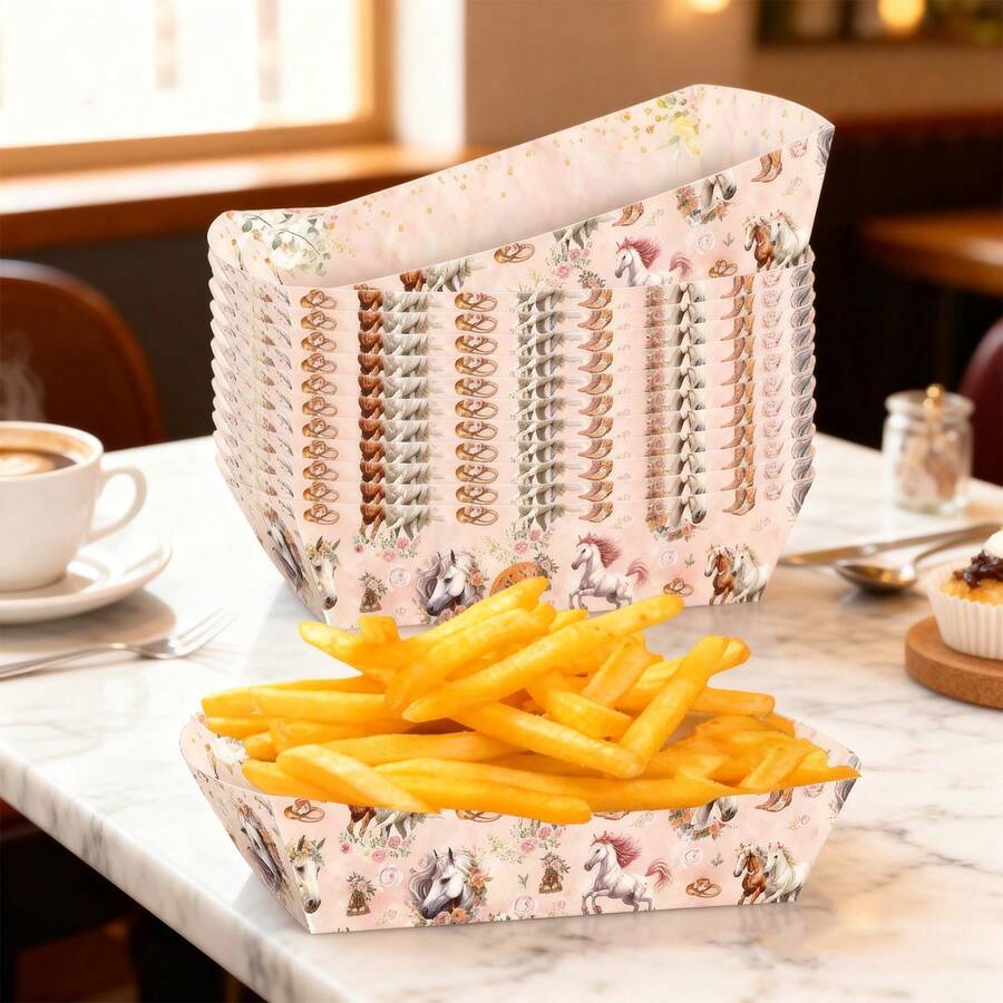 12/26 Pink Western Cowboy Party Decoration Birthday Paper Food Tray Snack Boat Pink Western Cowboy Party Bowl Disposable Food Tray Decoration Items (Pink)