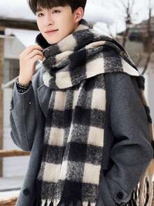1pc 2025 Autumn/Winter New Grid Simple Thickened Warm Scarf, Warm And Cold Proof Soft Sticky Couple Scarf Shawl, Winter High End Grid Versatile Tassel Scarf, Suitable For Men And Women