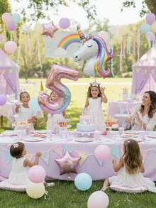 35pcs/Set Unicorn Theme Birthday Party Decorations, Including 32-Inch Gradient Number 0-9 Balloons, Giant Unicorn Shaped Balloon, 10-Inch Pink And Light Blue Star Balloons, 10-Inch Macaron Purple And Macaron Pink Latex Balloons, Suitable For Babyshower, Unicorn And Rainbow Theme Parties, Party Decorations