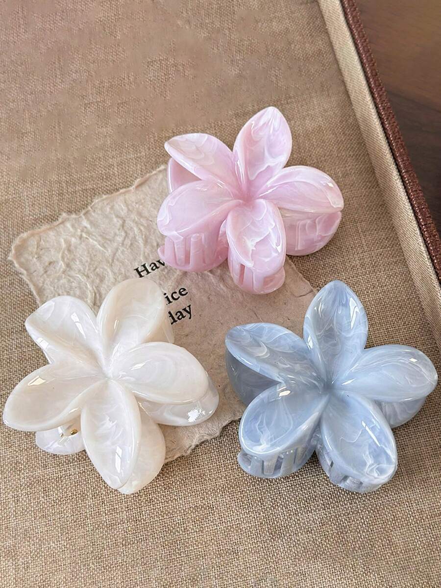 3个/1个 8厘米/3.15英寸 粉色、白色、蓝色花朵造型塑料发夹，优雅百搭，适合日常、休闲、派对、通勤、度假、扎马尾、盘发、洗脸、化妆等场合，时尚发夹，冬季发饰，夏季、假日、旅行必备 - 彩色 - 查看 1