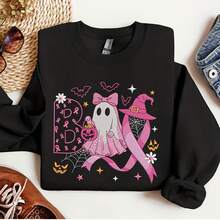 Breast Cancer Awareness Embroidered Sweatshirt, Halloween Pink Ribbon Ghost Pumpkin Embroidered Shirt, Cancer Support Shirt, Halloween Gift