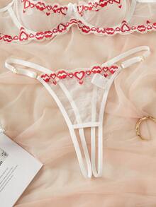 2pcs Women's Sexy Lingerie Set, Heart-Shaped Red Lip Lace Trim With Gold Chain, 1/4 Cup Cutout Design, Suitable For Valentine's Day Date, Bra And Panty Set - Red and White - View 7