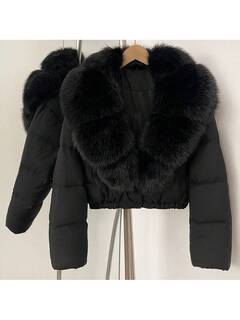 OFTBUY Damska kurtka z tkaniny tkanej w jednolitym kolorze z kołnierzem ze sztucznego futra, swobodny styl uliczny na jesień/zimę