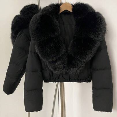 OFTBUY Women's Solid Color Woven Fabric Faux Fur Collar Jacket, Casual Streetwear For Autumn/Winter